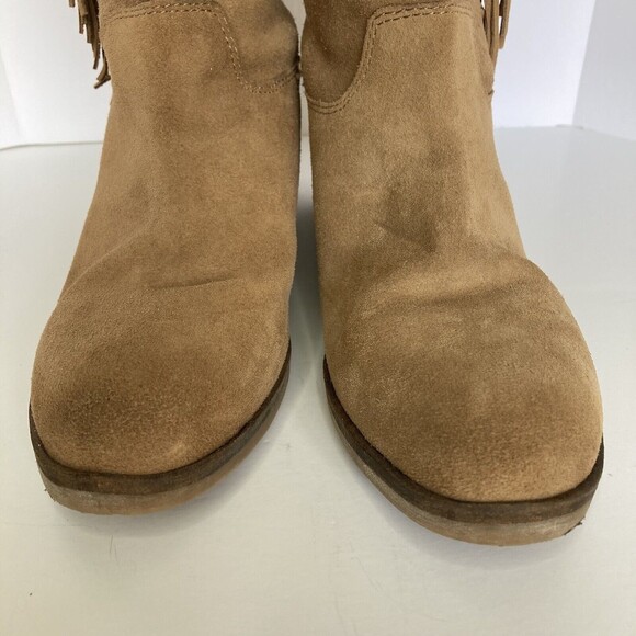 Lucky Brand Boot LK Grayer 7.5M Suede Tan Pullon Flyaway Fringe Mid-Calf Western - Picture 9 of 11